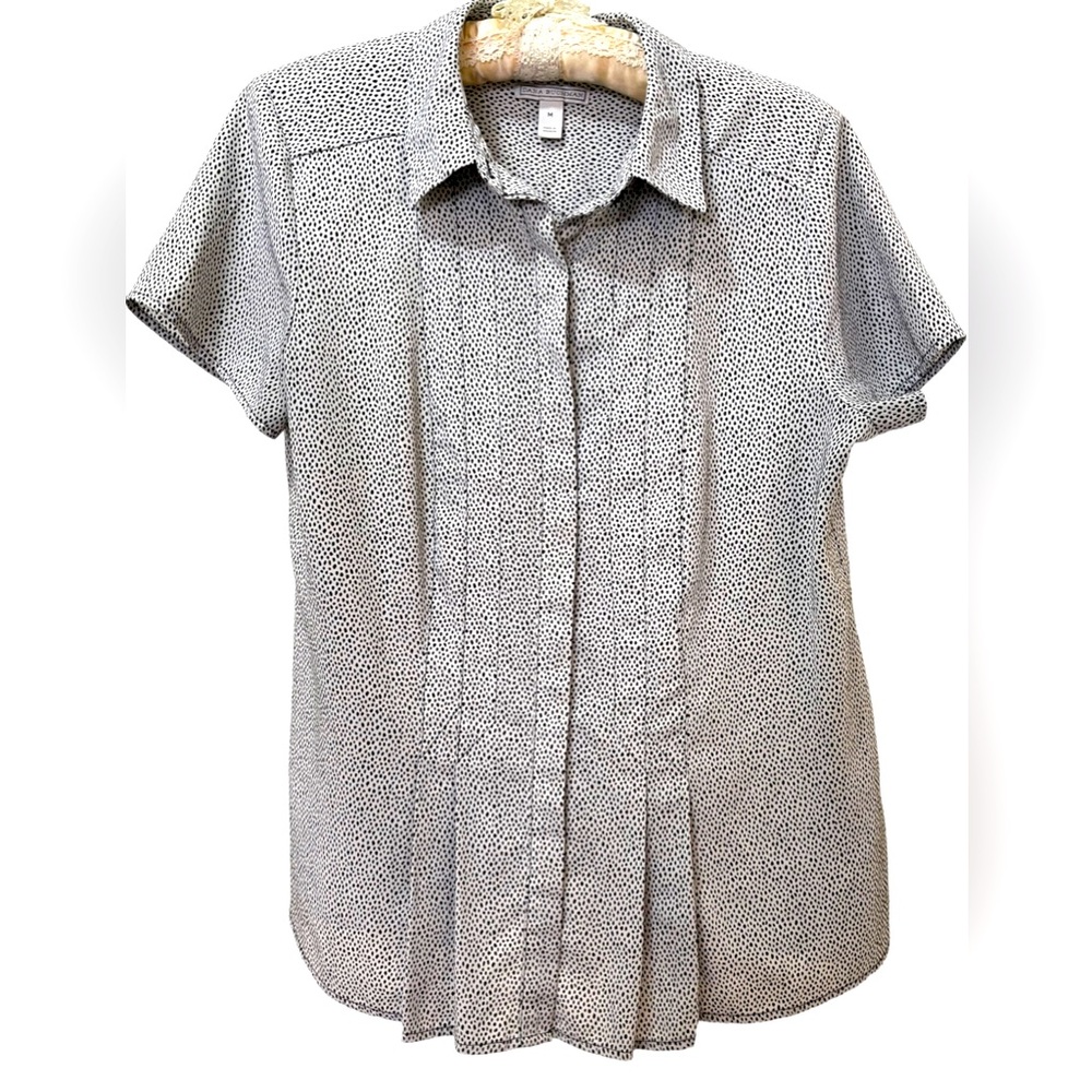 Dana Buchman Dot Print Short Sleeve Button Down Blouse, Size Medium